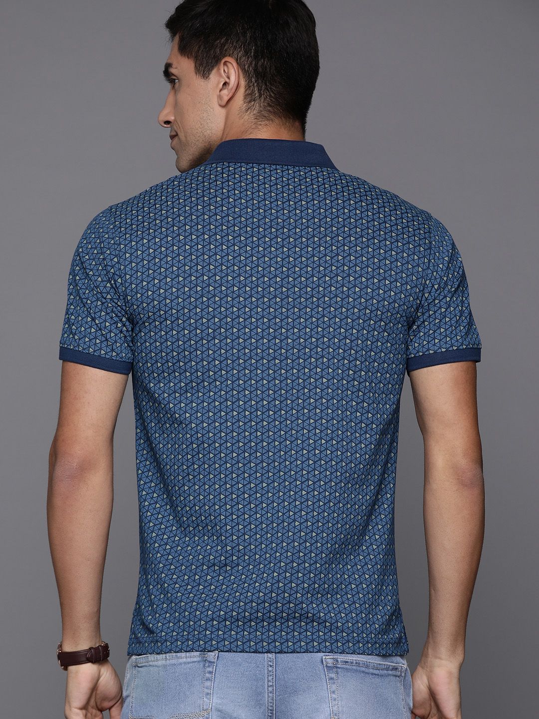 Raymond Men Blue & Green Pure Cotton Printed Polo Collar T-shirt
