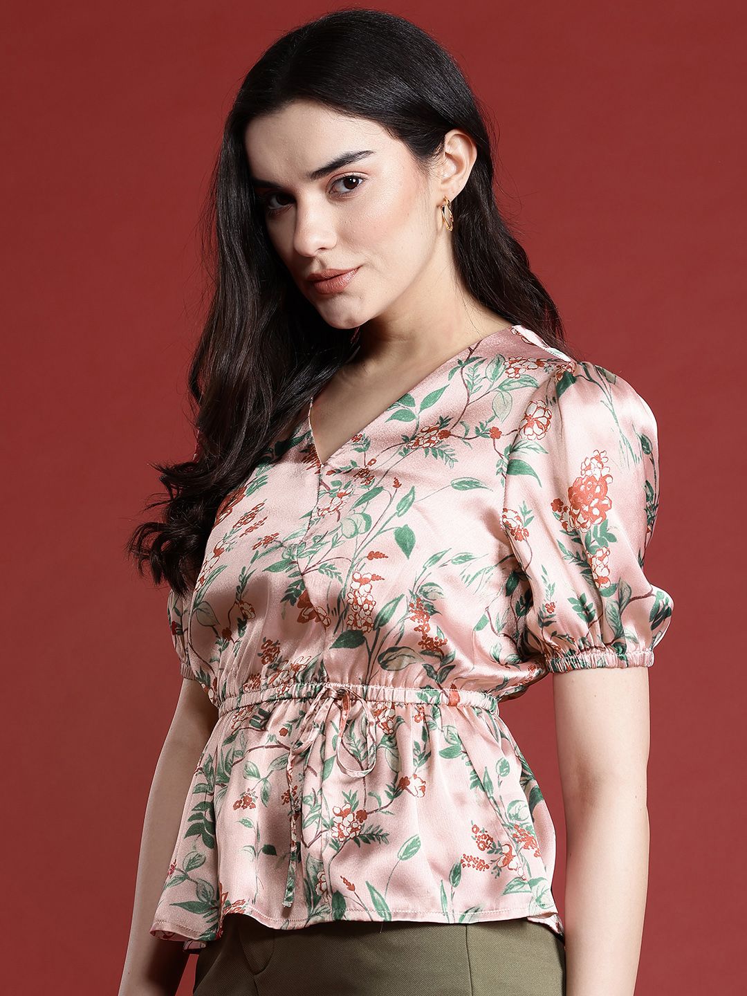all about you Floral Print Cinched Waist Satin Finish Top