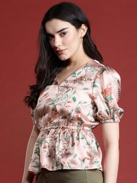all about you Floral Print Cinched Waist Satin Finish Top