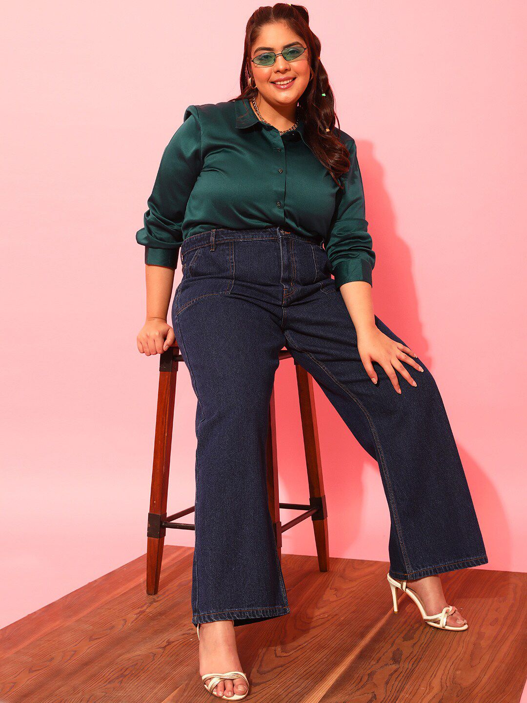 CURVY STREET Plus Size Green Classic Satin Casual Shirt