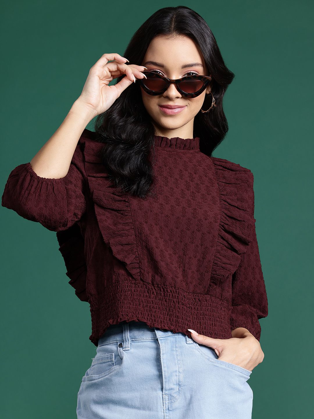 DressBerry Self-Design Ruffles Smocked Cinched Waist Top
