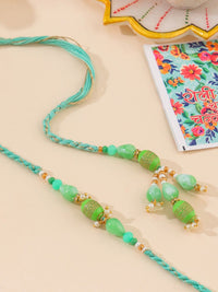 NVR Set of 2 Green Artificial Beads Bhaiya Bhabhi Rakhi with Roli Chawal Chandan & Mishri