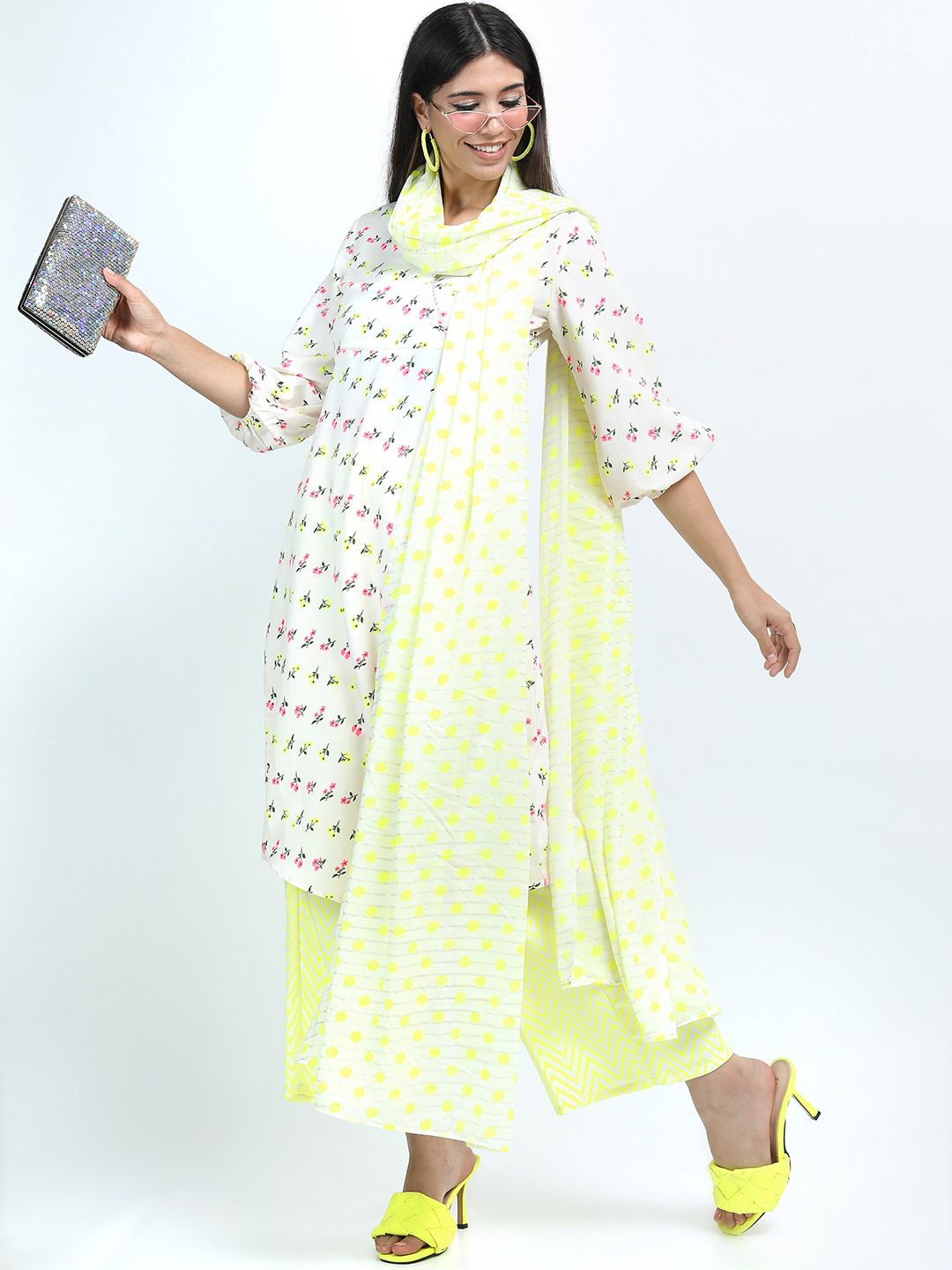 Vishudh Women Off White Floral Printed Angrakha Kurta with Trousers and dupatta