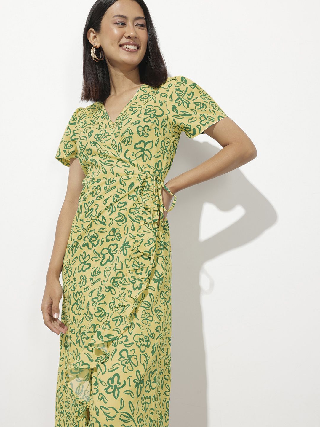 DressBerry Fresh & Playful Floral Canvas Ruffle Wrap Midi Dress