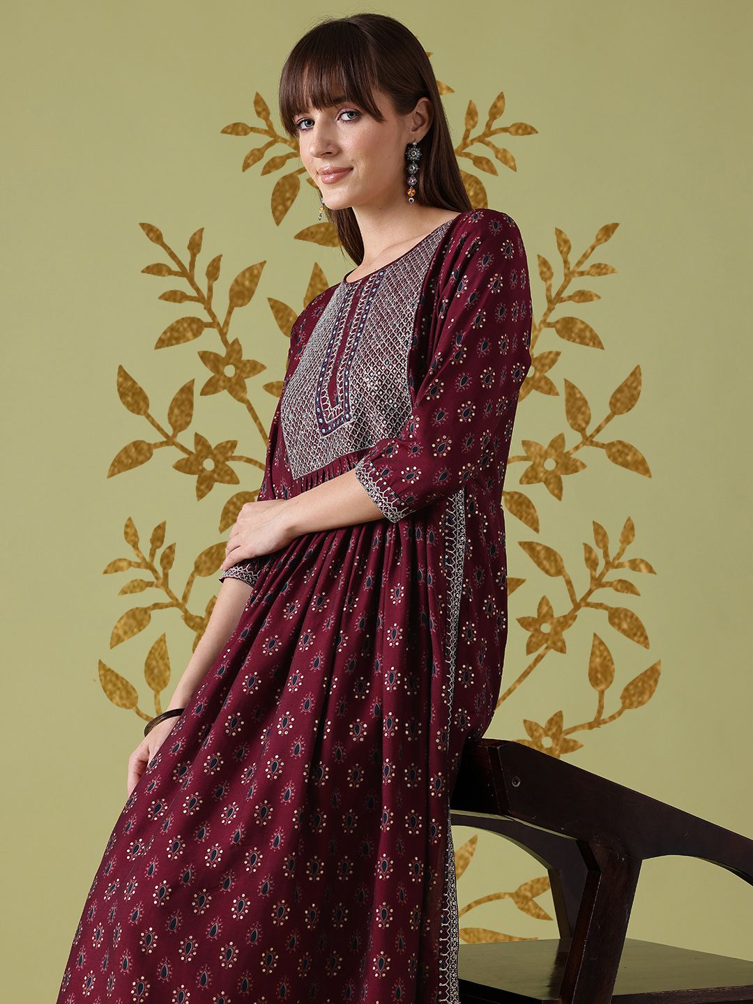 Anouk Ethnic Motifs Print Pleated Thread-Work Kurta with Trousers