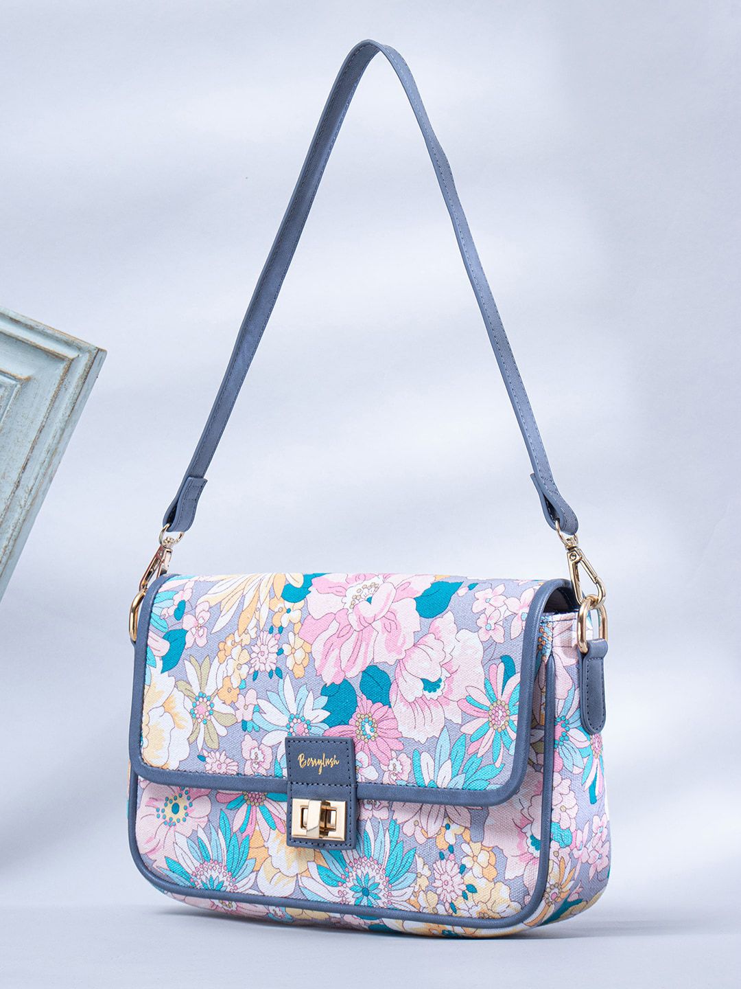 Berrylush Blue & Pink Floral Printed Structured Shoulder Bag