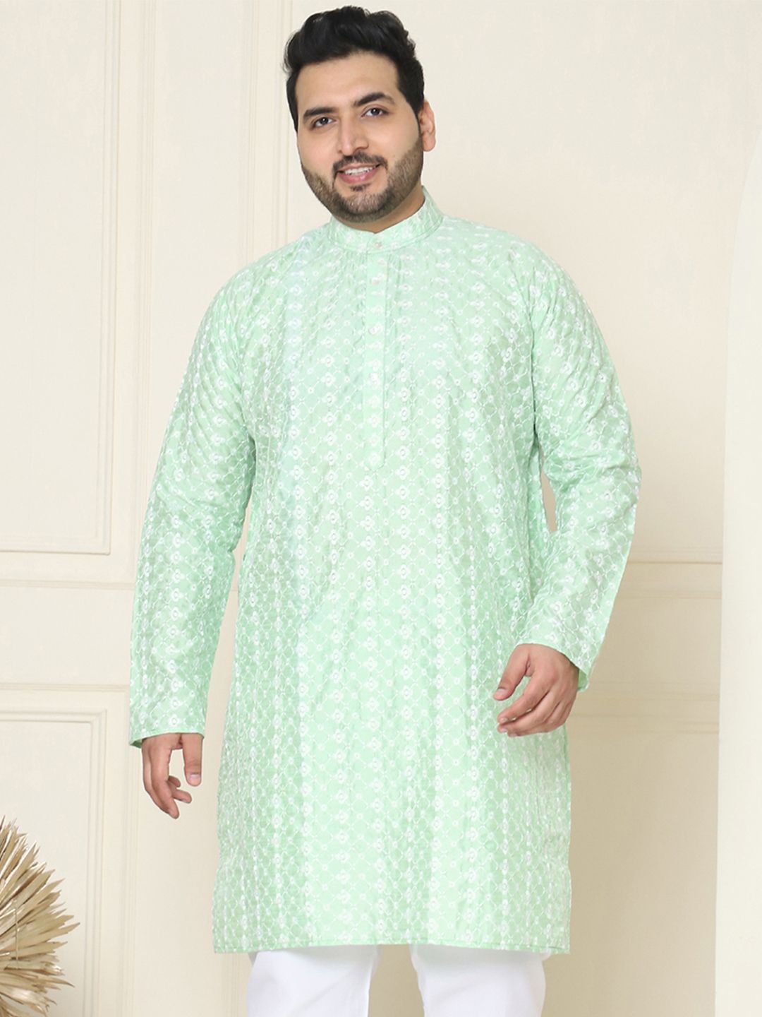 SOJANYA PLUS Lelaki Kurta Sulam Chikankari Biru & Putih