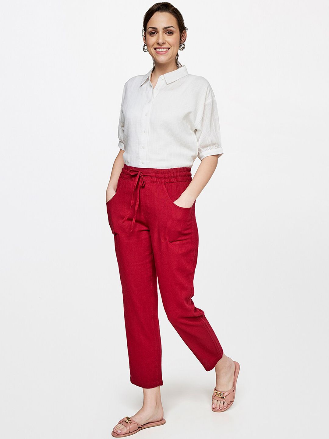 AND Women Red Straight Fit Trousers