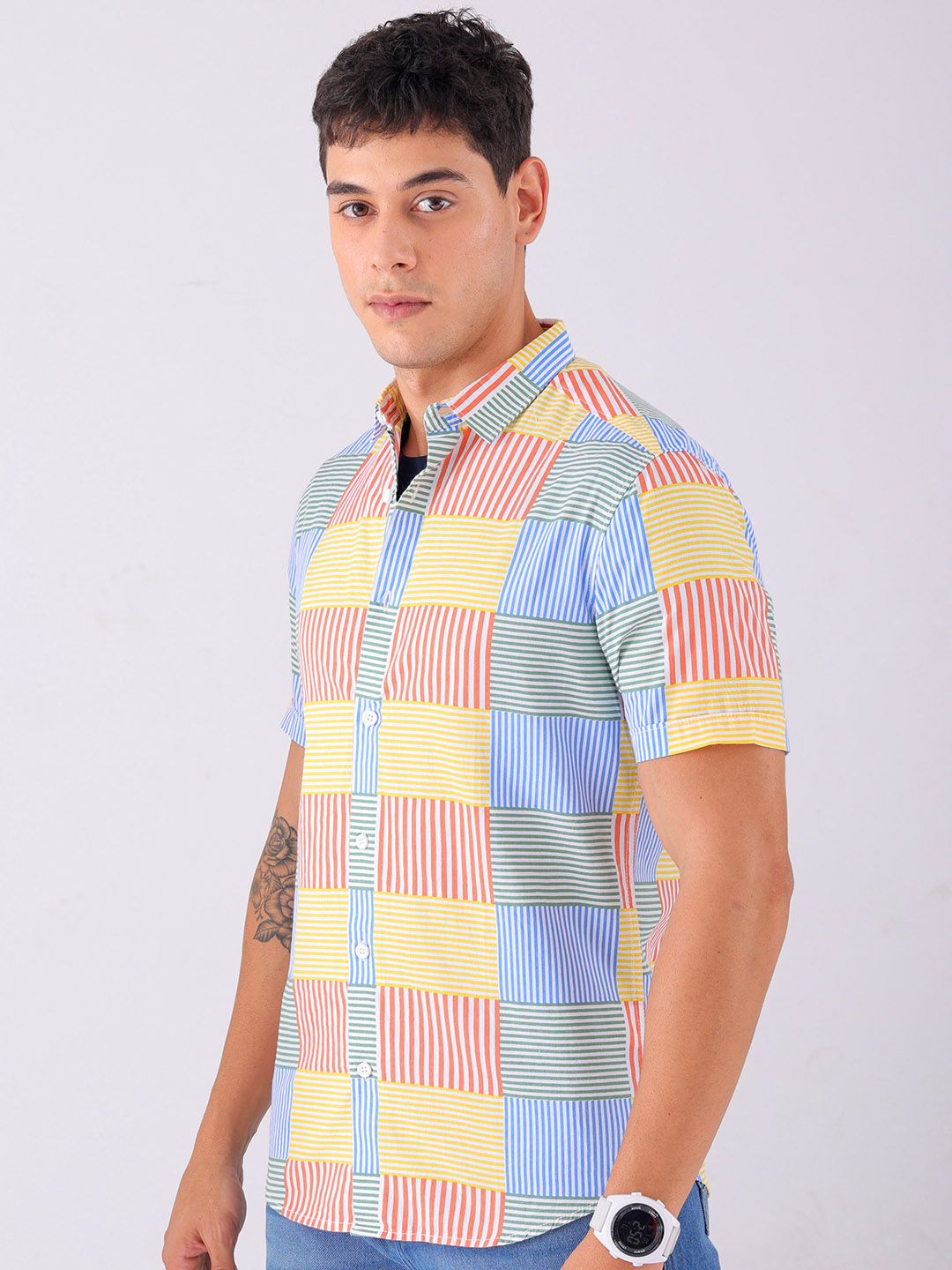 The Indian Garage Co Pure Cotton Slim Fit Multi Striped Casual Shirt