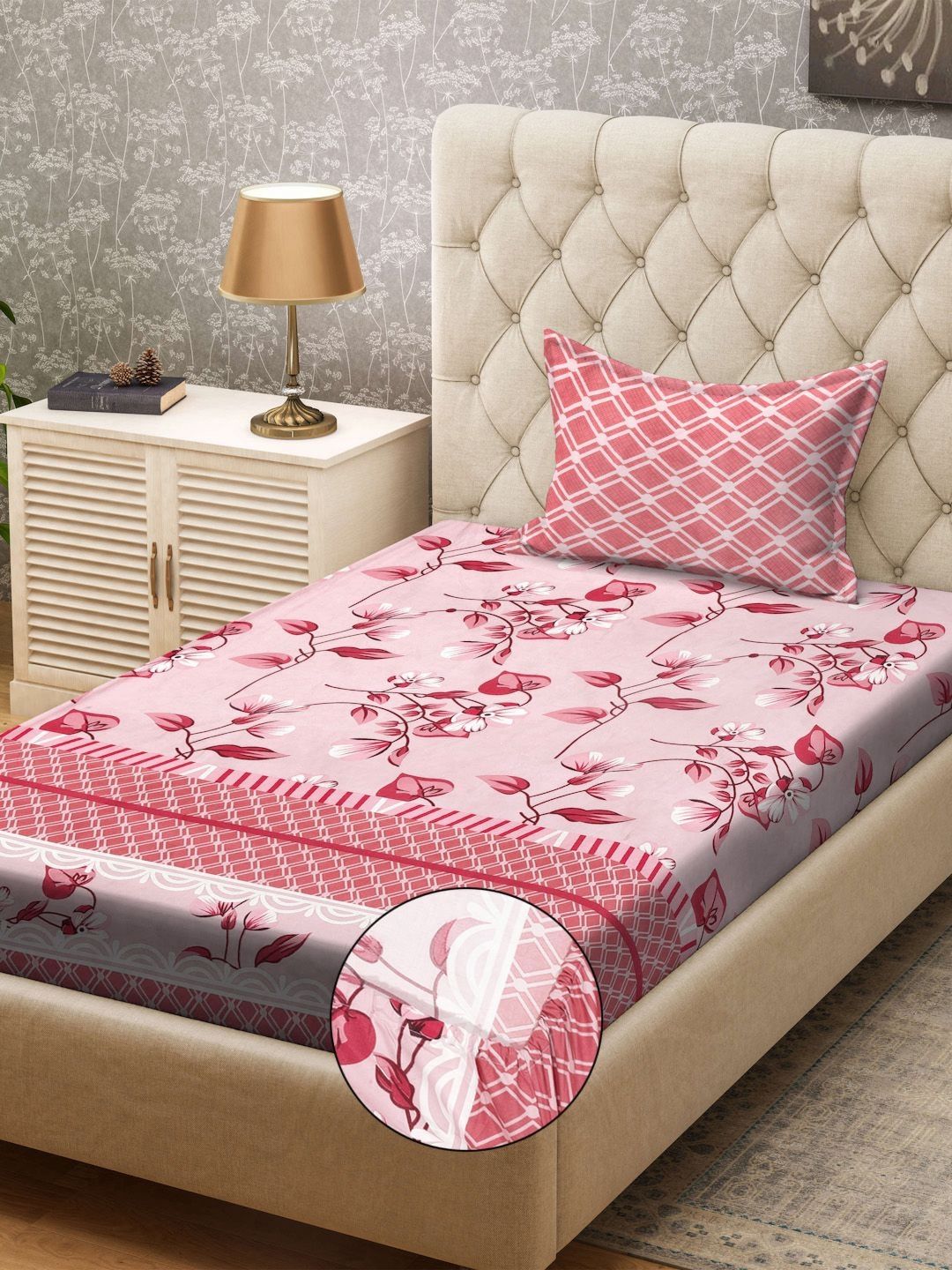 KLOTTHE Red & Pink Printed 300TC Single Bedsheet & Pillow Cover