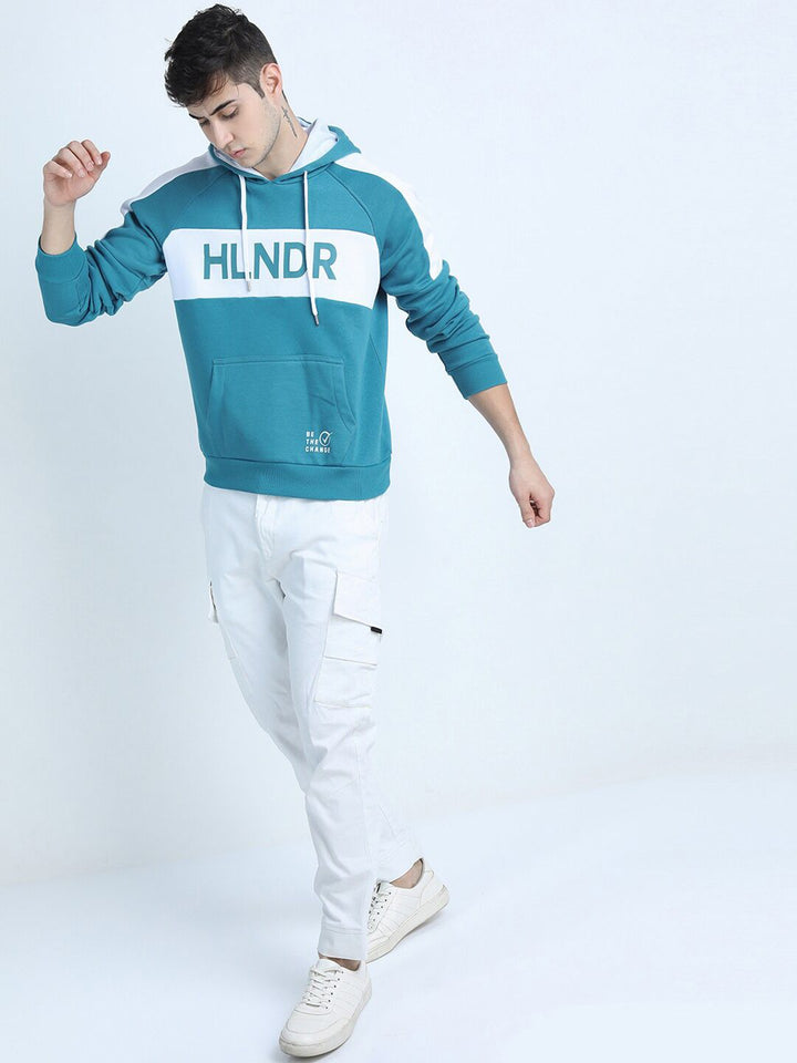 HIGHLANDER Men Teal Colourblocked Hooded Sweatshirt