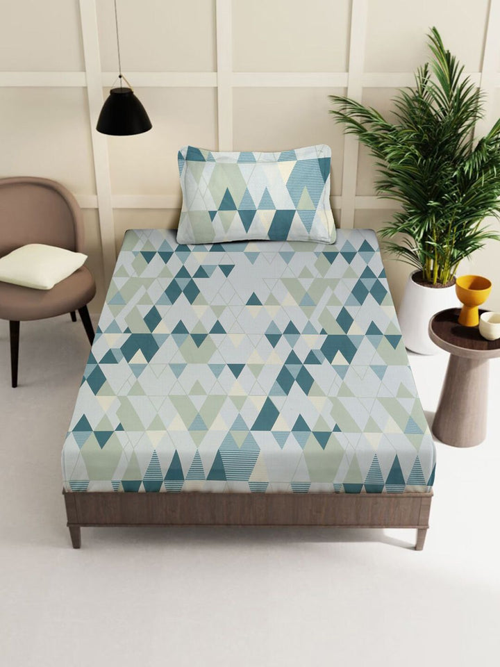 KLOTTHE Teal  Green & Grey Geometric Printed 400 TC Pure Cotton Single Bedsheet Set
