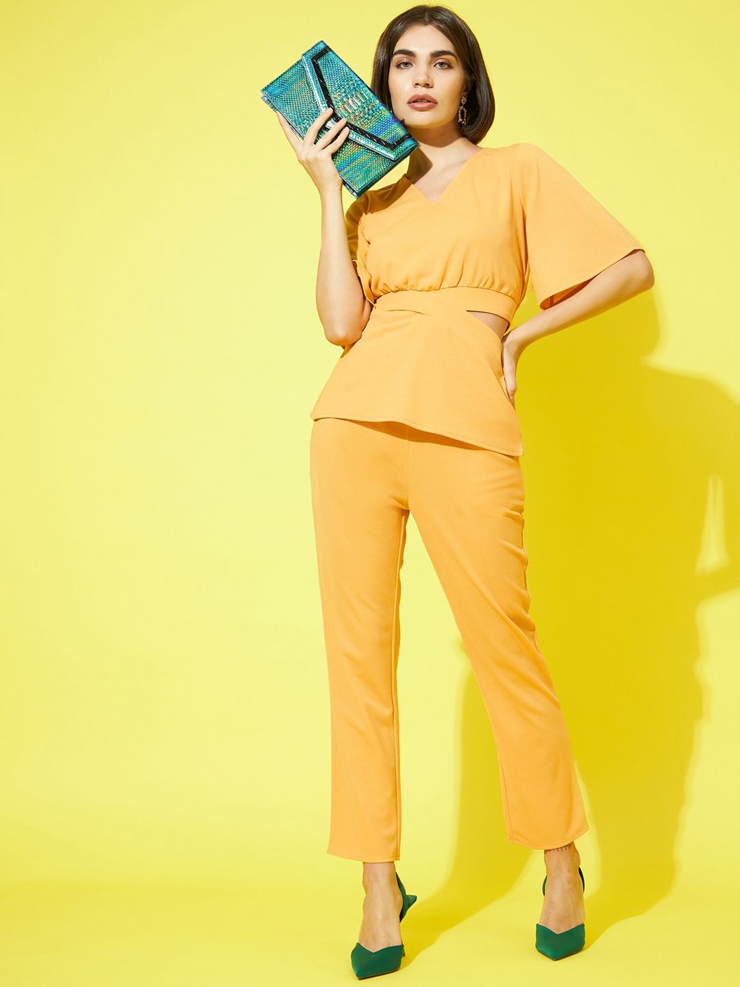 Athena Women Mustard Yellow Solid V-Neck Top and Trousers