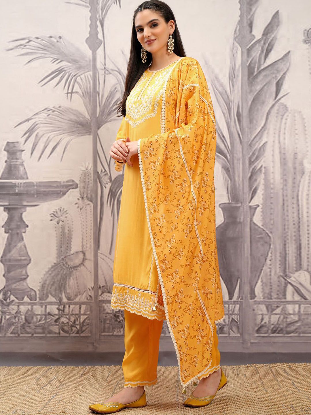 Vishudh Mustard Embroidered Regular Thread Work Kurta with Trousers & Dupatta