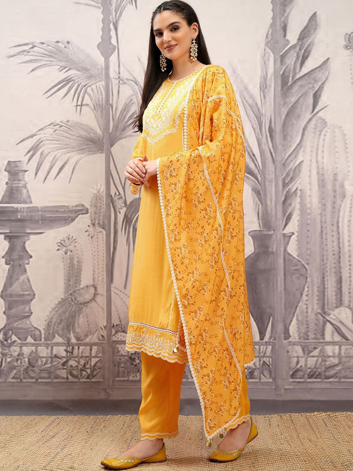 Vishudh Mustard Embroidered Regular Thread Work Kurta with Trousers & Dupatta