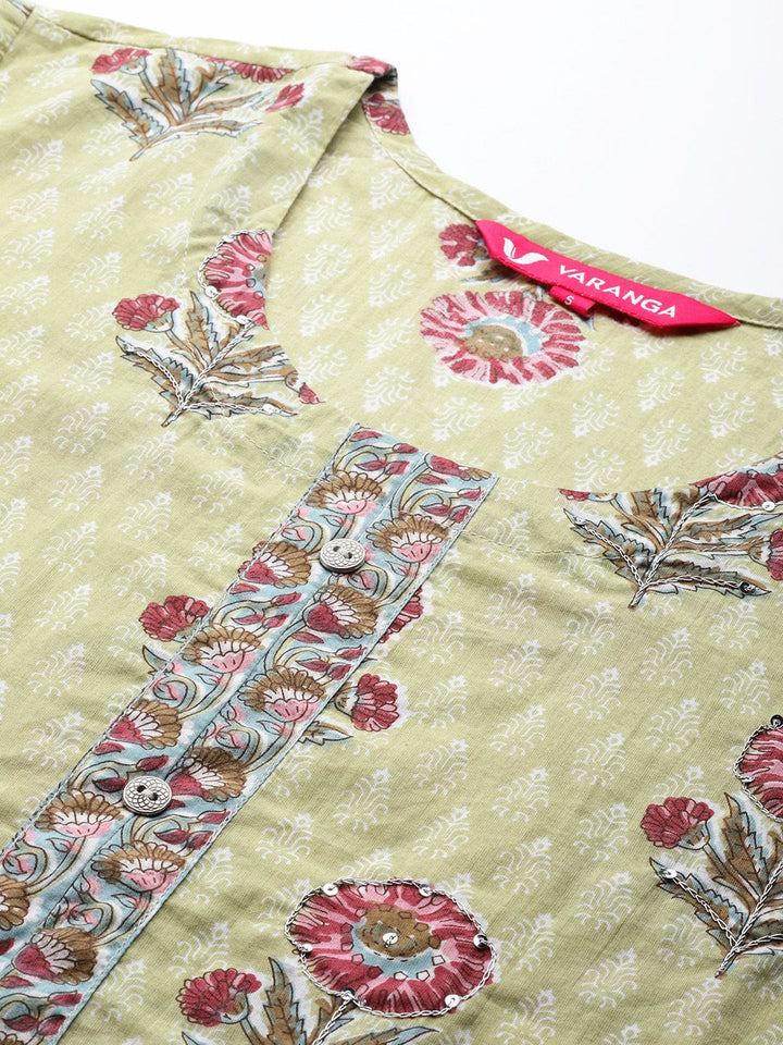 Varanga Women Green & Pink Floral Printed Pure Cotton Kurta with Trousers & Dupatta