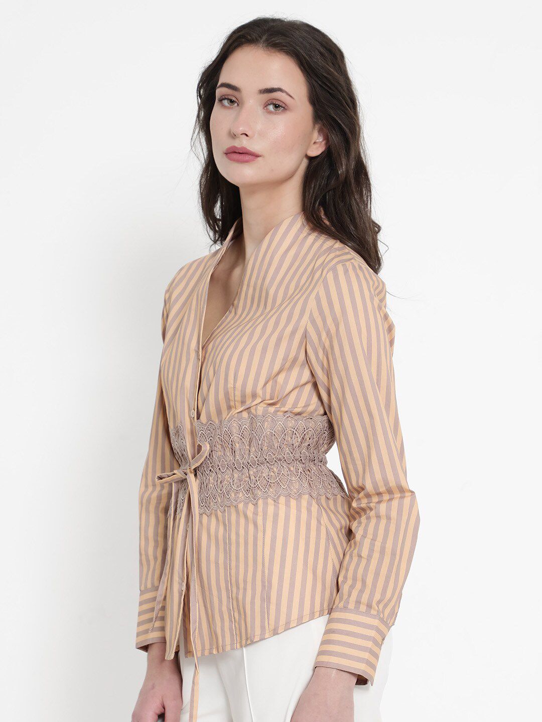 RAREISM Striped Dooze Regular Fit Waist Tie-Up Cuffed Sleeves Cotton Shirt Style Top