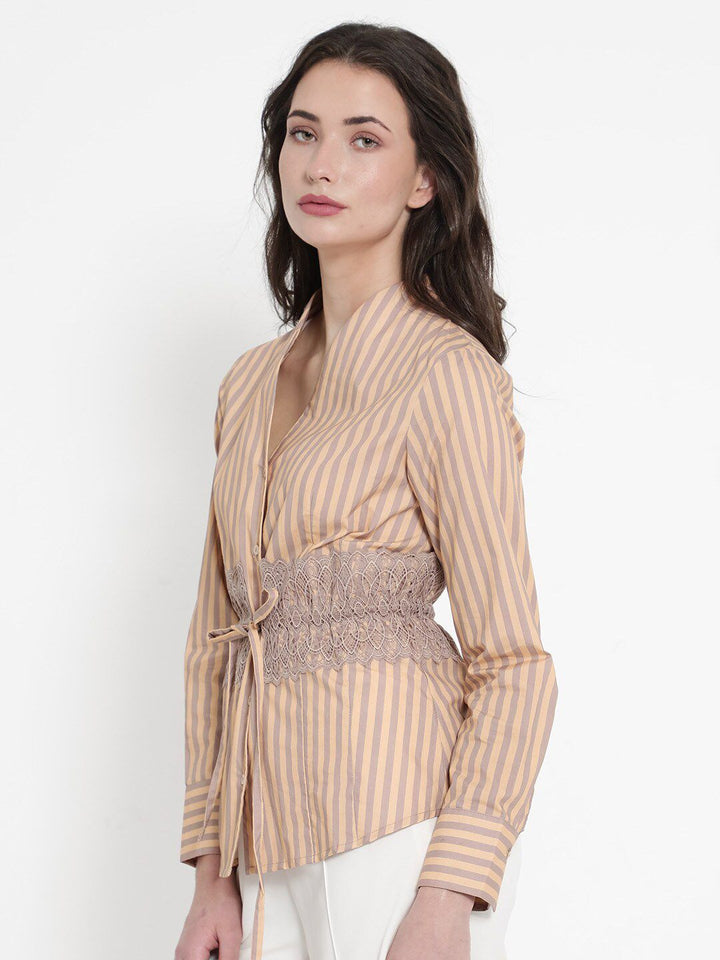 RAREISM Striped Dooze Regular Fit Waist Tie-Up Cuffed Sleeves Cotton Shirt Style Top