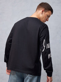 Bewakoof Black Typography Printed Round Neck Long Sleeves Cotton Oversized T-shirt
