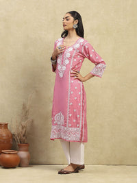 Rumah Wanita Chikankari Pink Chanderi Chikankari Sulam Kurta