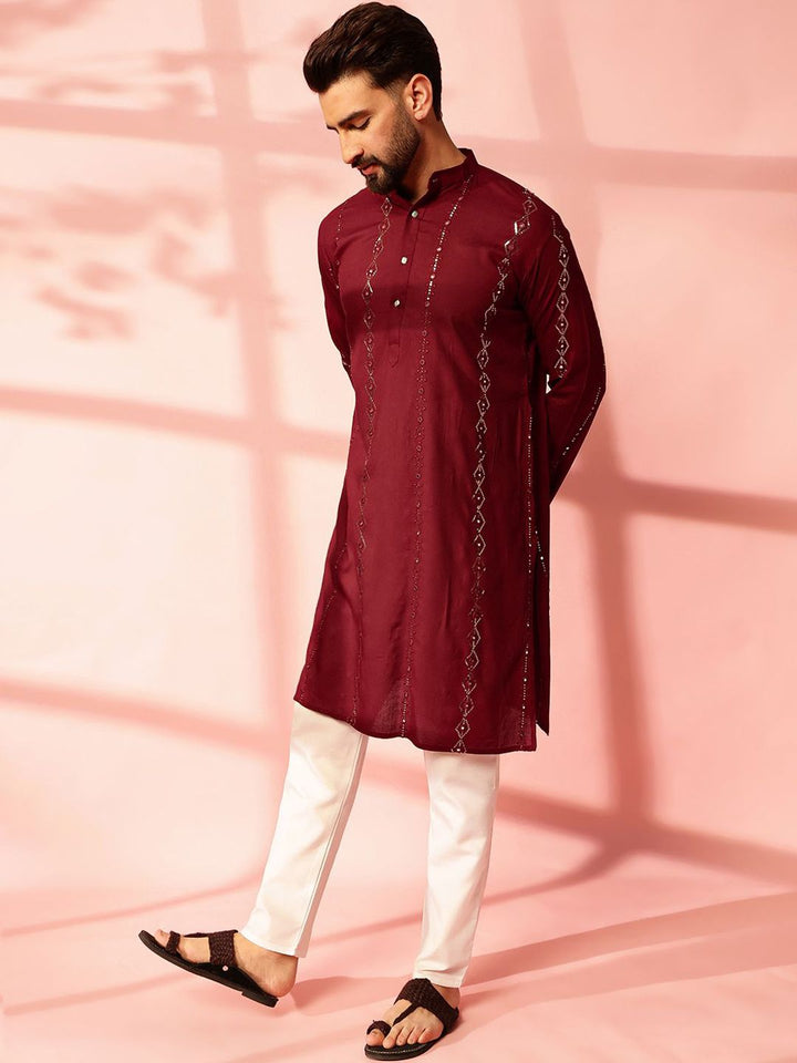 Anouk Striped Embroidered Mandarin Collar Sequinned Cotton Straight Kurta