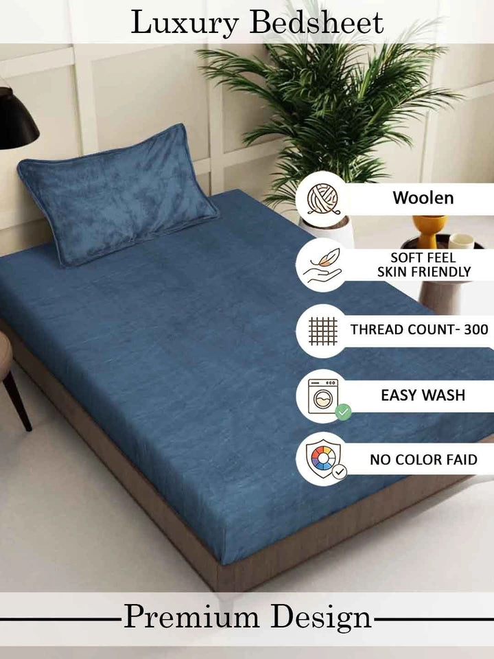 Myntra Elegant Homes Turquoise Blue Woolen  300 TC Single Bedsheet with 1 Pillow Covers