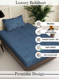 Myntra Elegant Homes Turquoise Blue Woolen  300 TC Single Bedsheet with 1 Pillow Covers
