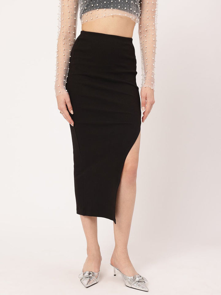 DressBerry Minimalist Marvel Ribbed Midi Skirt with Slit