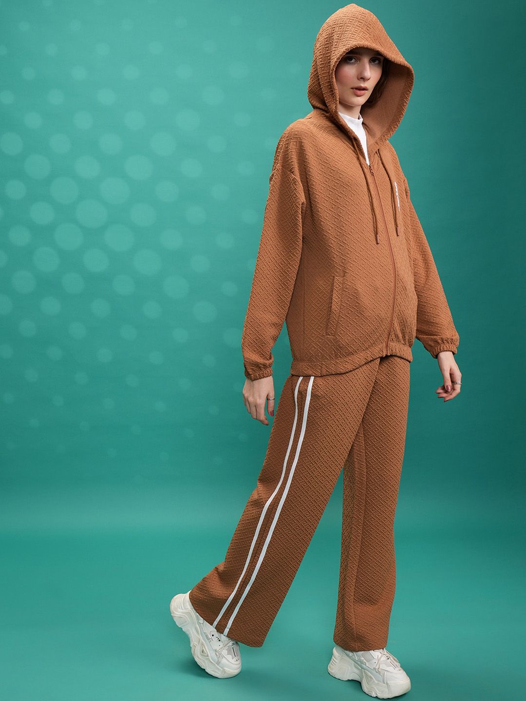 Tokyo Talkies Brown Self-Design Hooded Jacket With Track Pant Co-Ords