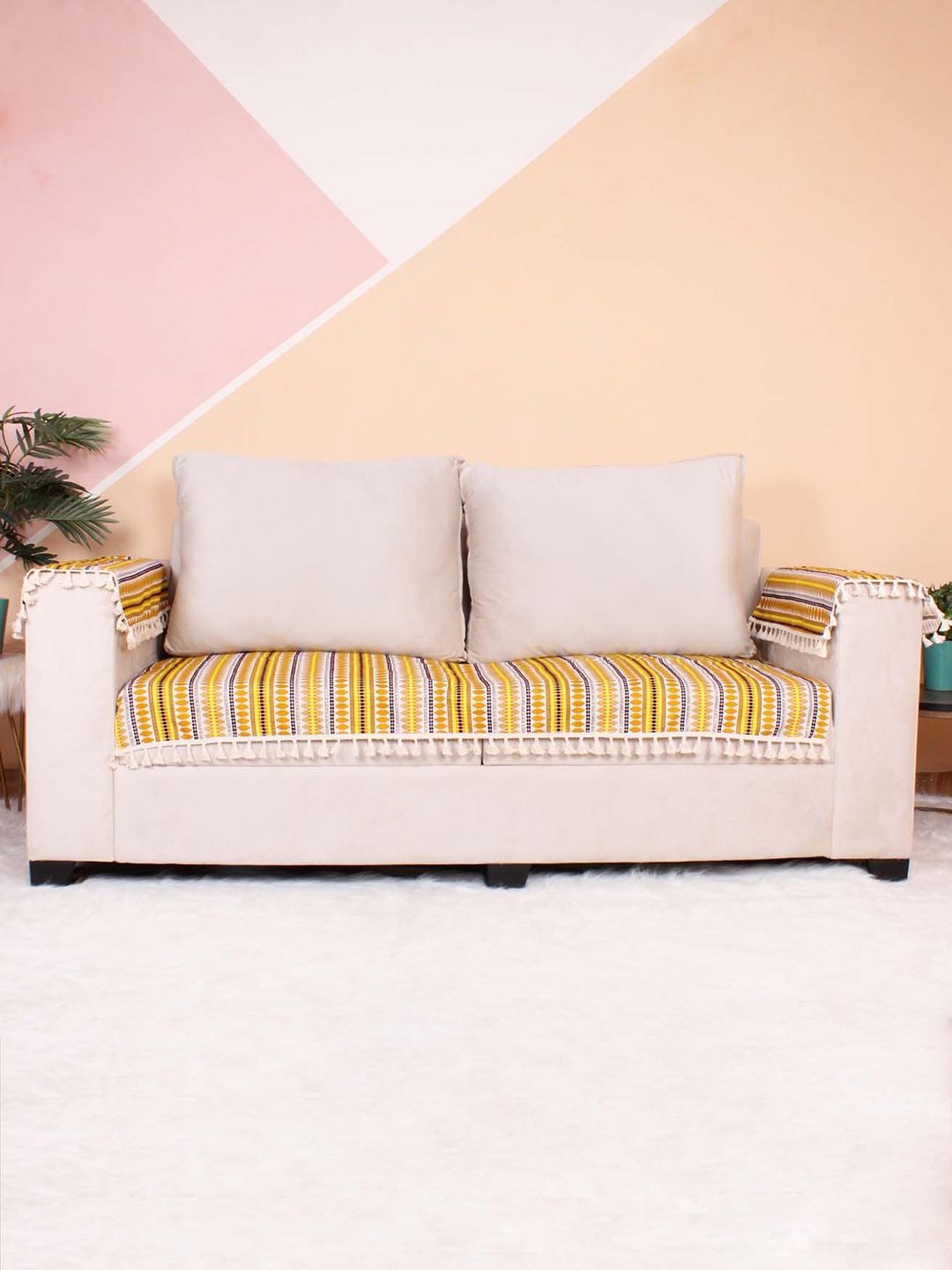 STITCHNEST Yellow & White Jacquard Printed 5-Seater Sofa Cover