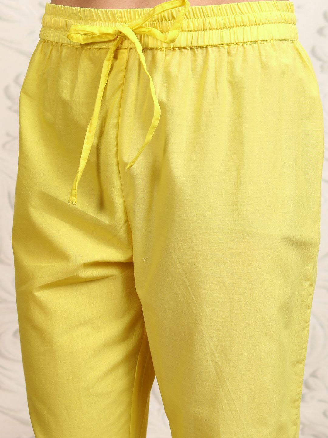 Vishudh Yellow Embroidered Mirror Work Pure Cotton Angrakha Kurta With Trousers & Dupatta