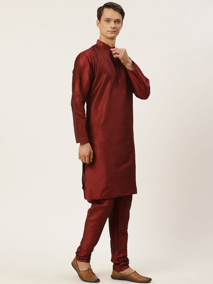 SOJANYA Men Maroon Layered Kurta with Churidar & Jacket