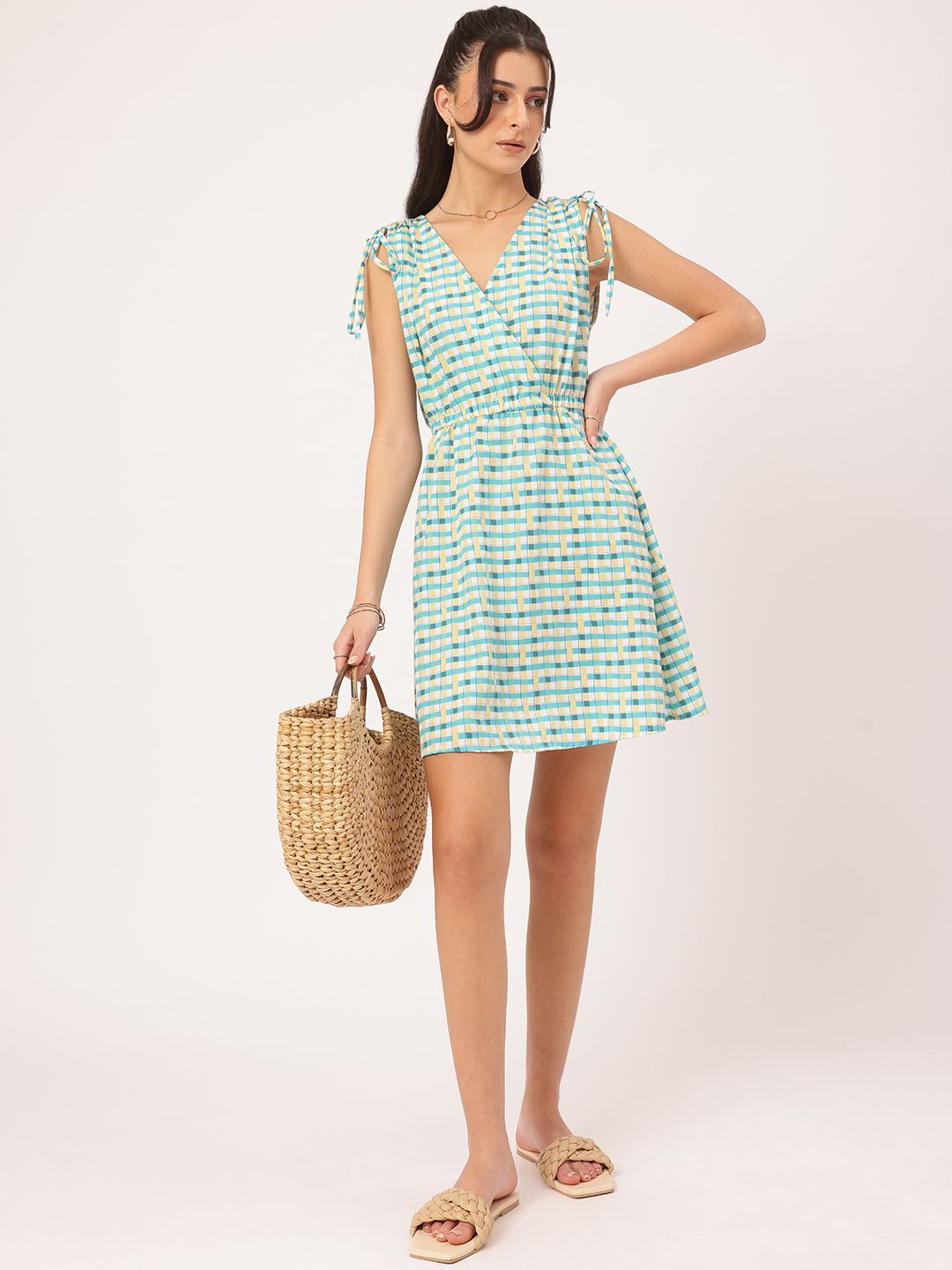DressBerry Urban Chic Tie-Up Sleeves Checked Wrap Dress