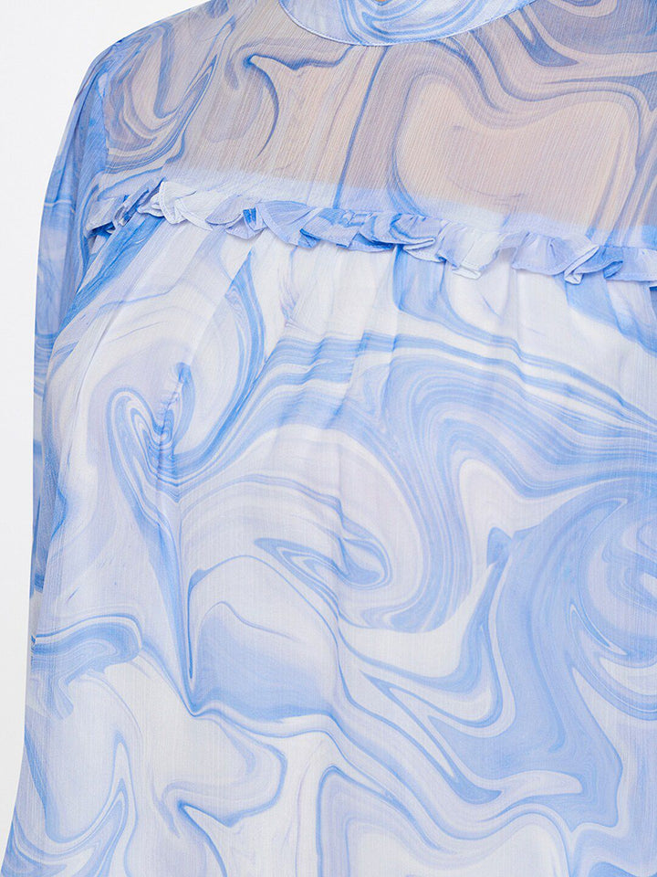 AND Women Blue and White Printed Mandarin Collar Shirt Style Top