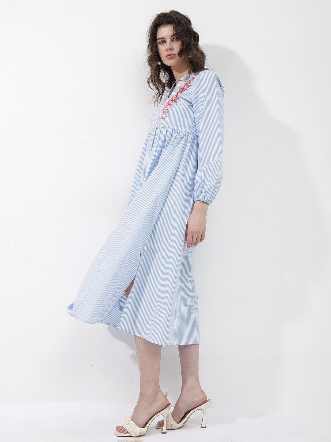 Rareism Striped Fit & Flare Cotton Midi Dress