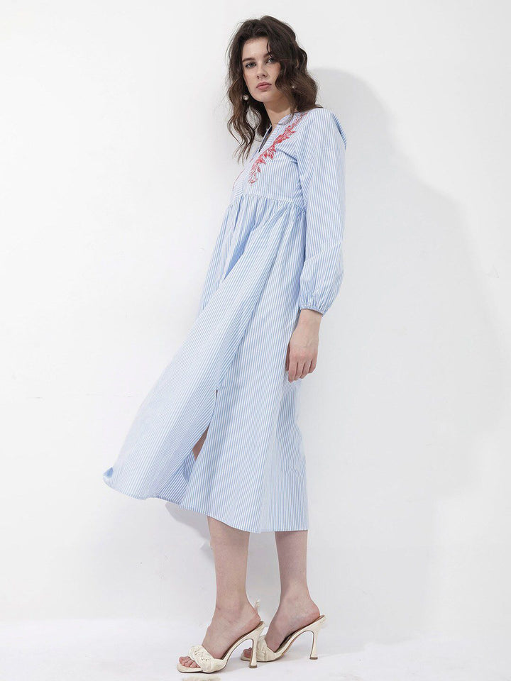 Rareism Striped Fit & Flare Cotton Midi Dress