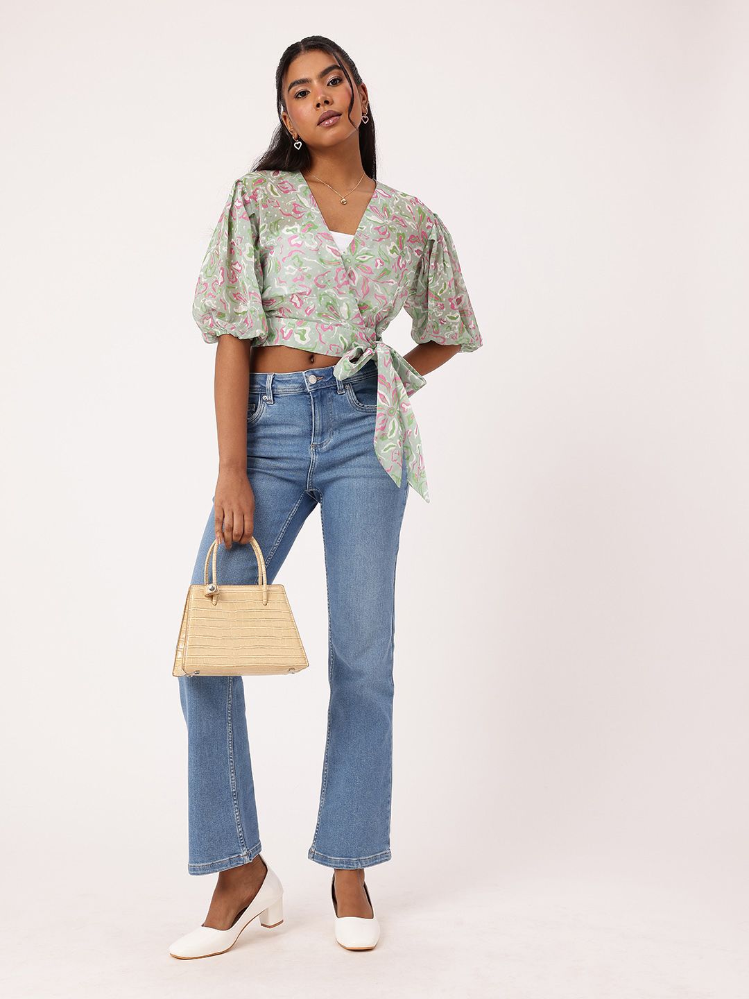 DressBerry Trendy Blossom Print Semi Sheer Crop Wrap Top With Inner Slip