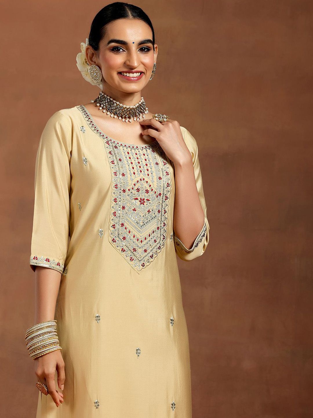 Gerua By Libas Floral Embroidered Regular Thread Work Straight Kurta with Trousers