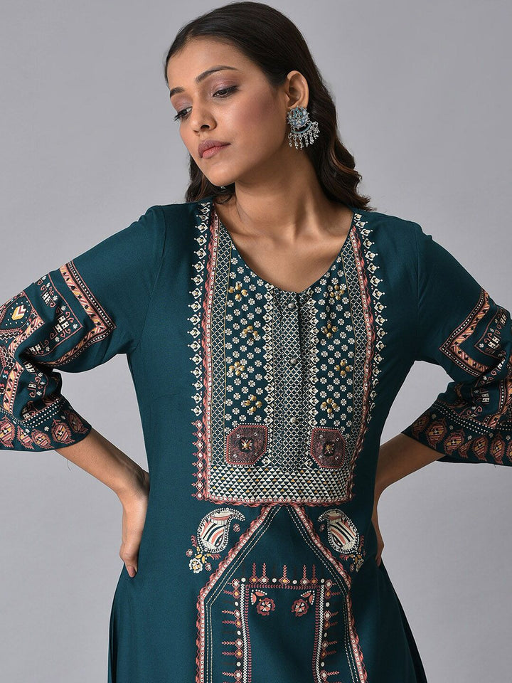 W Ethnic Motifs Printed Beads and Stones Work Straight Kurta with Trousers