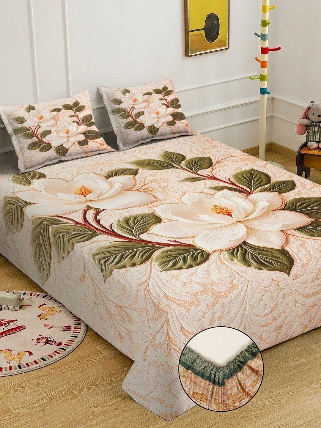 Myntra Elegant Homes Berwarna Krim Bunga 400 TC Cadar King dengan 2 Sarung Bantal