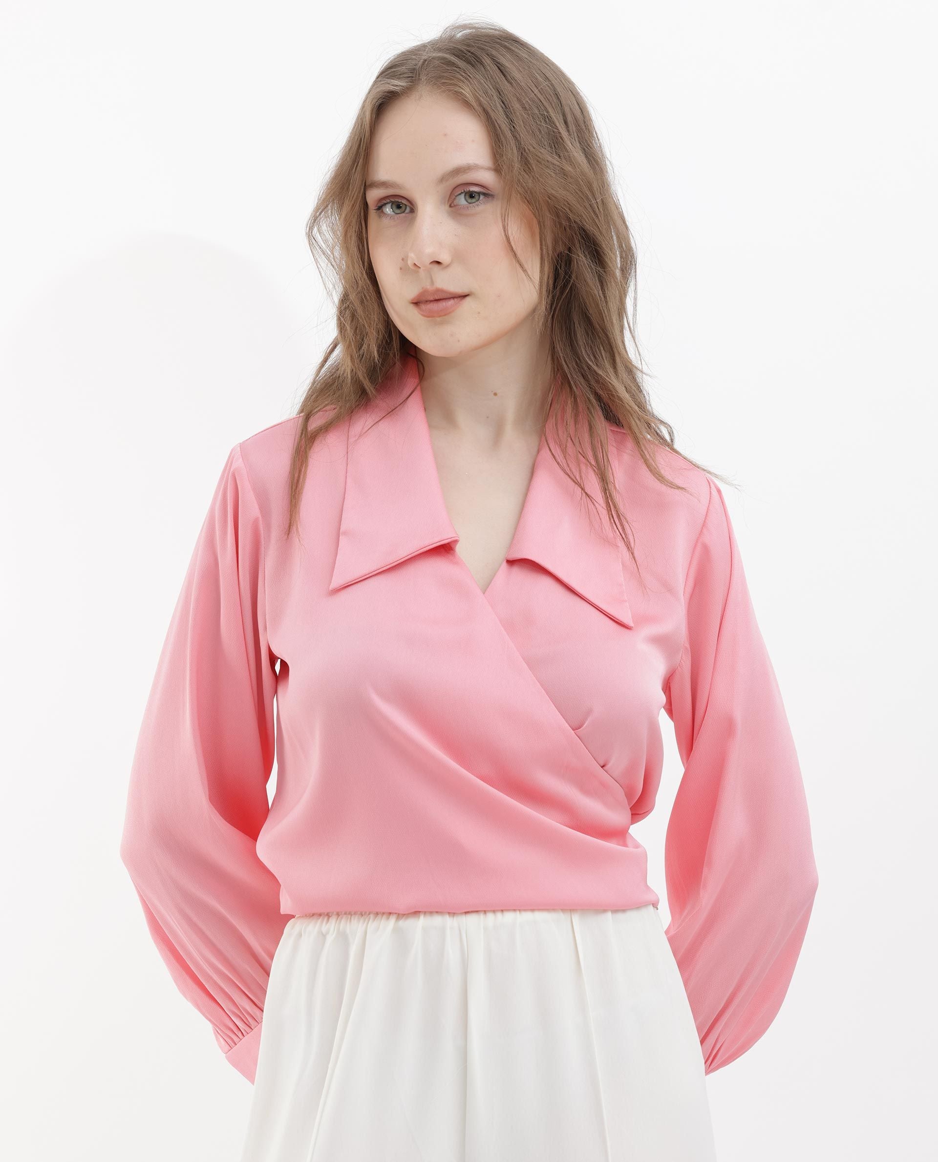 RAREISM Shirt Collar Cuffed Sleeves Wrap Top