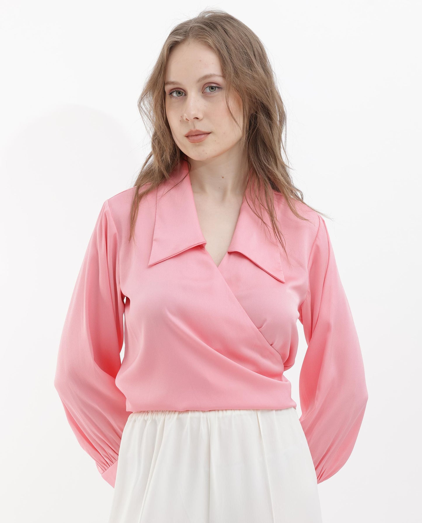 RAREISM Shirt Collar Cuffed Sleeves Wrap Top