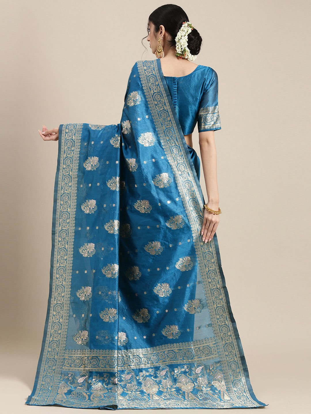 Saree mall Blue Floral Silk Blend Banarasi Sarees