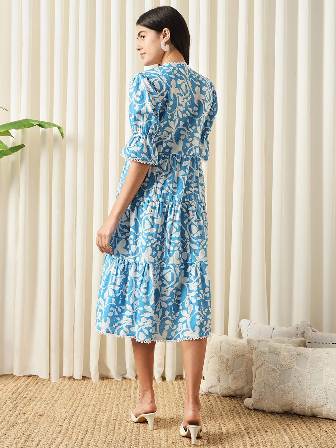 KALINI Floral Printed V-Neck Empire Cotton Opaque Casual Dress