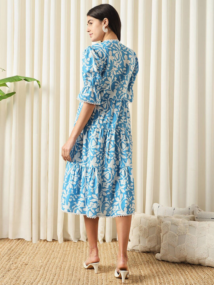 KALINI Floral Printed V-Neck Empire Cotton Opaque Casual Dress