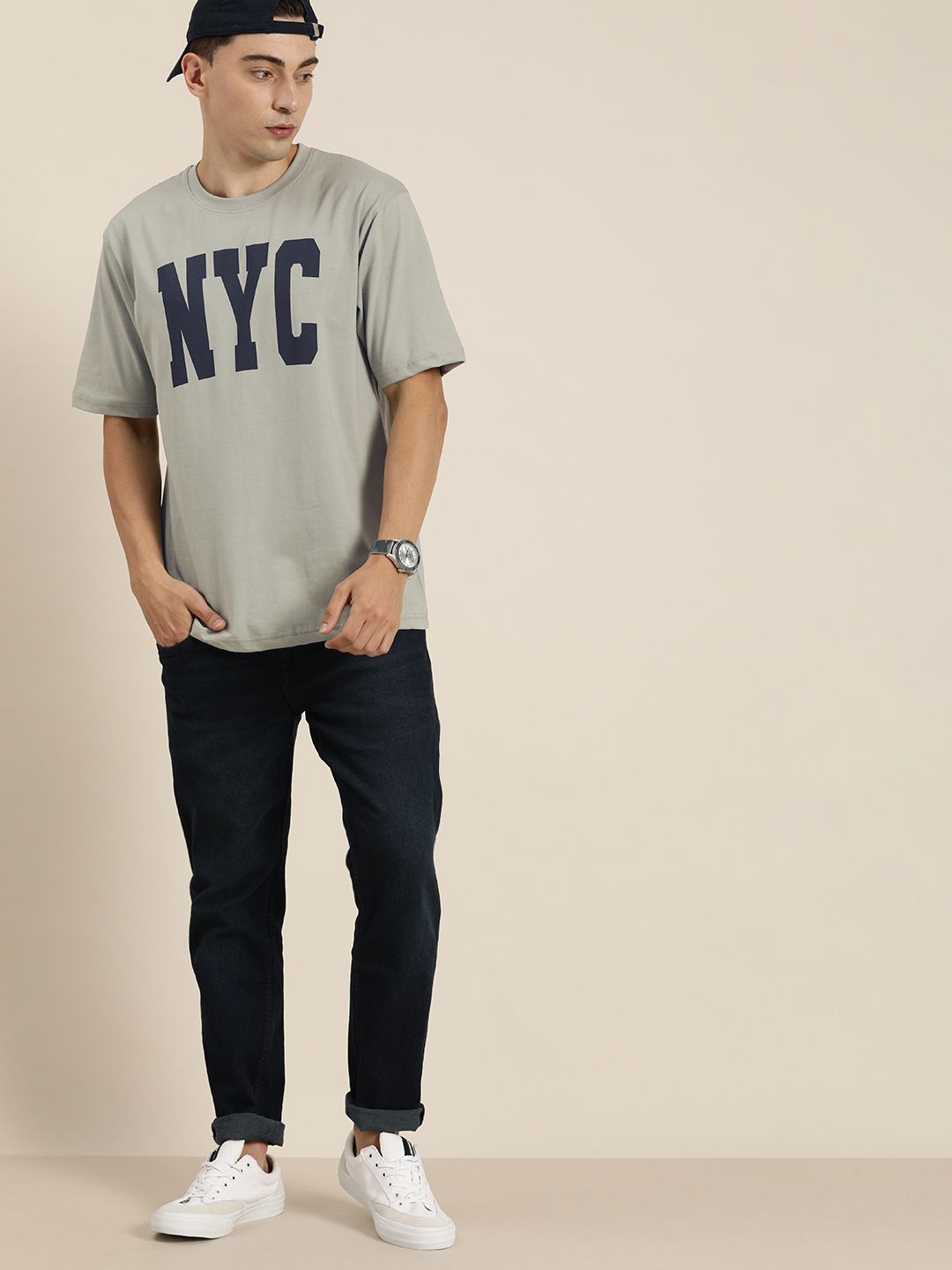 DILLINGER Men Grey & Navy Blue Typography Print Pure Cotton Loose T-shirt