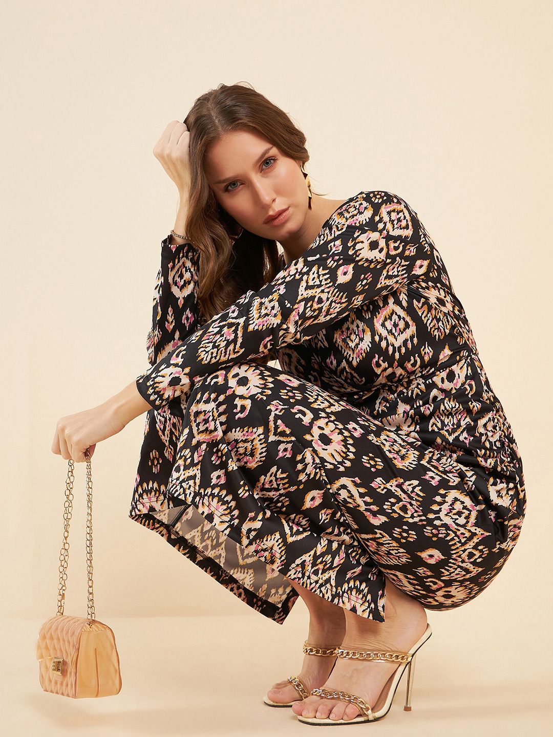 Antheaa Black Ethnic Motifs Printed V-Neck A-Line Midi Dress