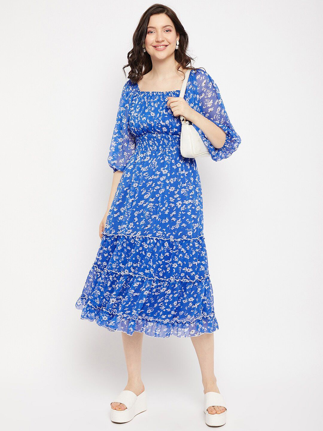 Antheaa Square Neck Floral Printed Smocked Tiered Chiffon Fit & Flare Midi Dress