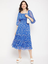 Antheaa Square Neck Floral Printed Smocked Tiered Chiffon Fit & Flare Midi Dress