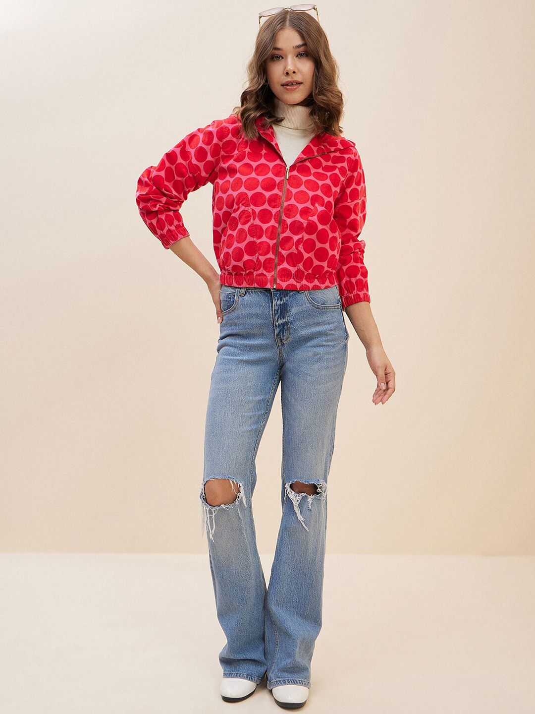 Antheaa Pink Geometric Printed Hooded Neck Corduroy Crop Bomber Jacket